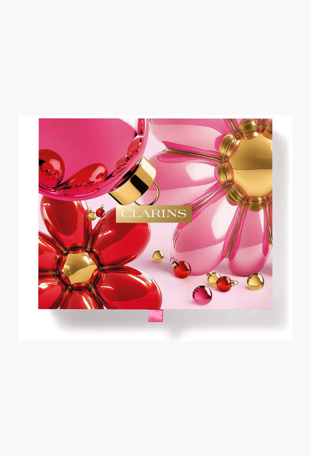 GLAM MODA Clarins 24-Day Beauty Advent Calendar featuring festive pink and red floral and bauble holiday design