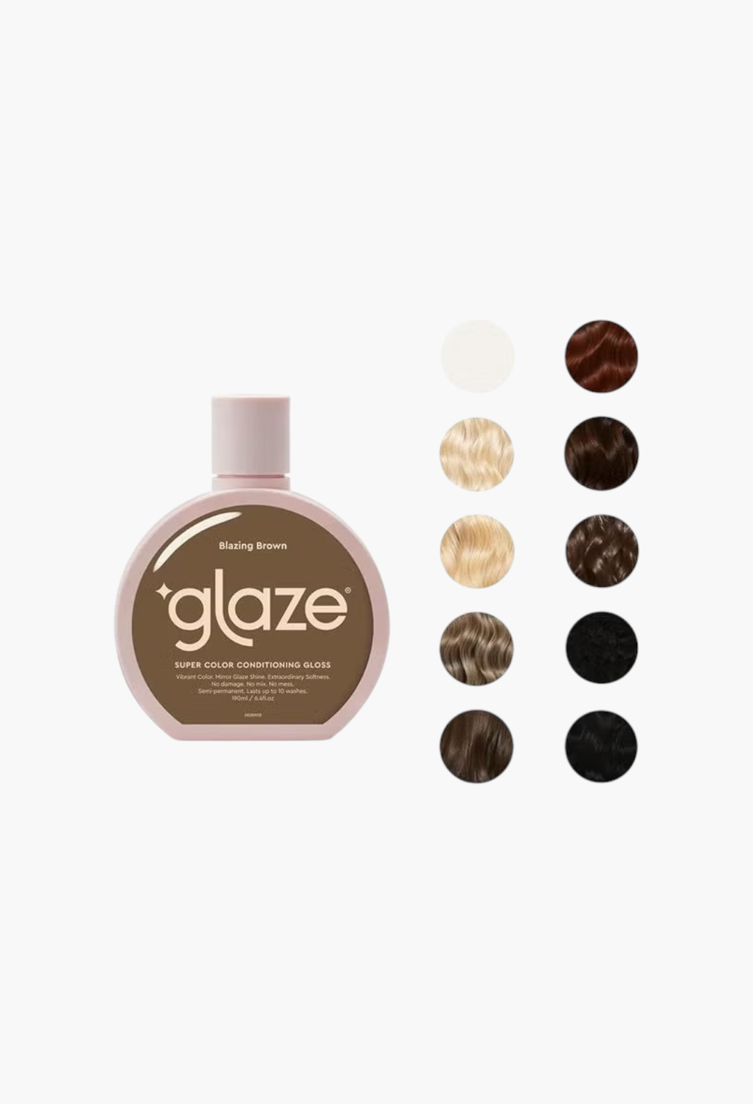 GLAM MODA Glaze Super Color Conditioning Gloss in Blazing Brown bottle with a hair color shade chart.