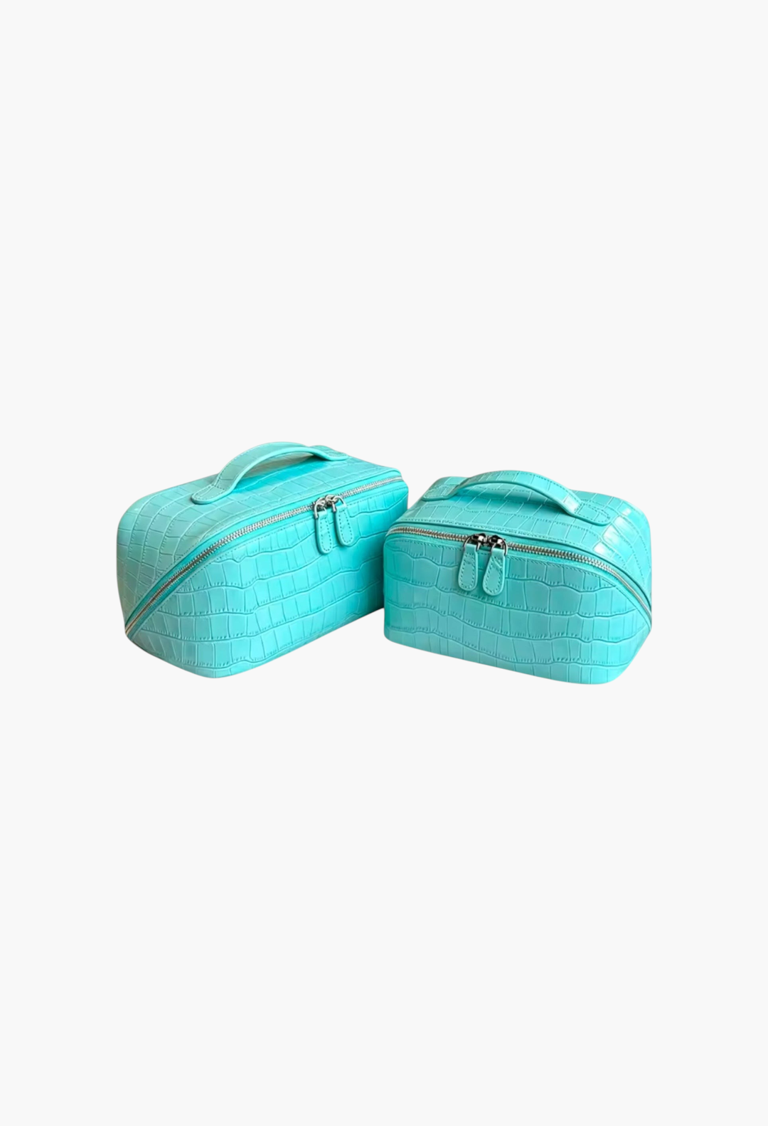 GLAM MODA sky blue genuine leather makeup bags with a crocodile-embossed texture and silver zipper closures.