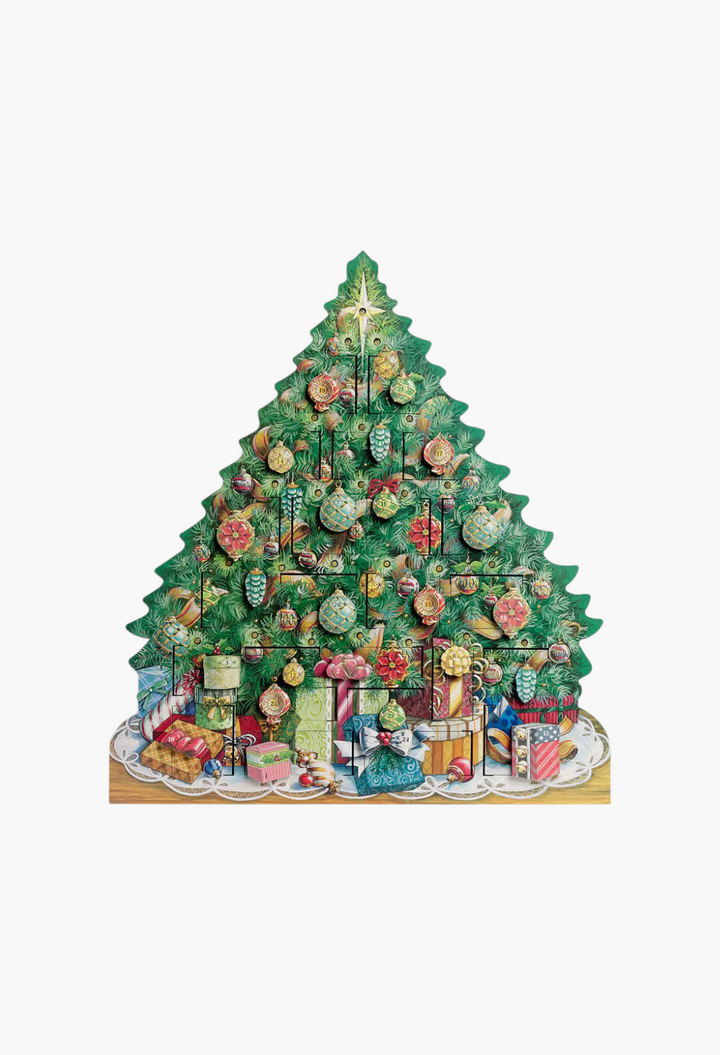 GLAM MODA wooden Christmas tree musical advent calendar with illustrated ornaments and gift boxes for holiday countdown