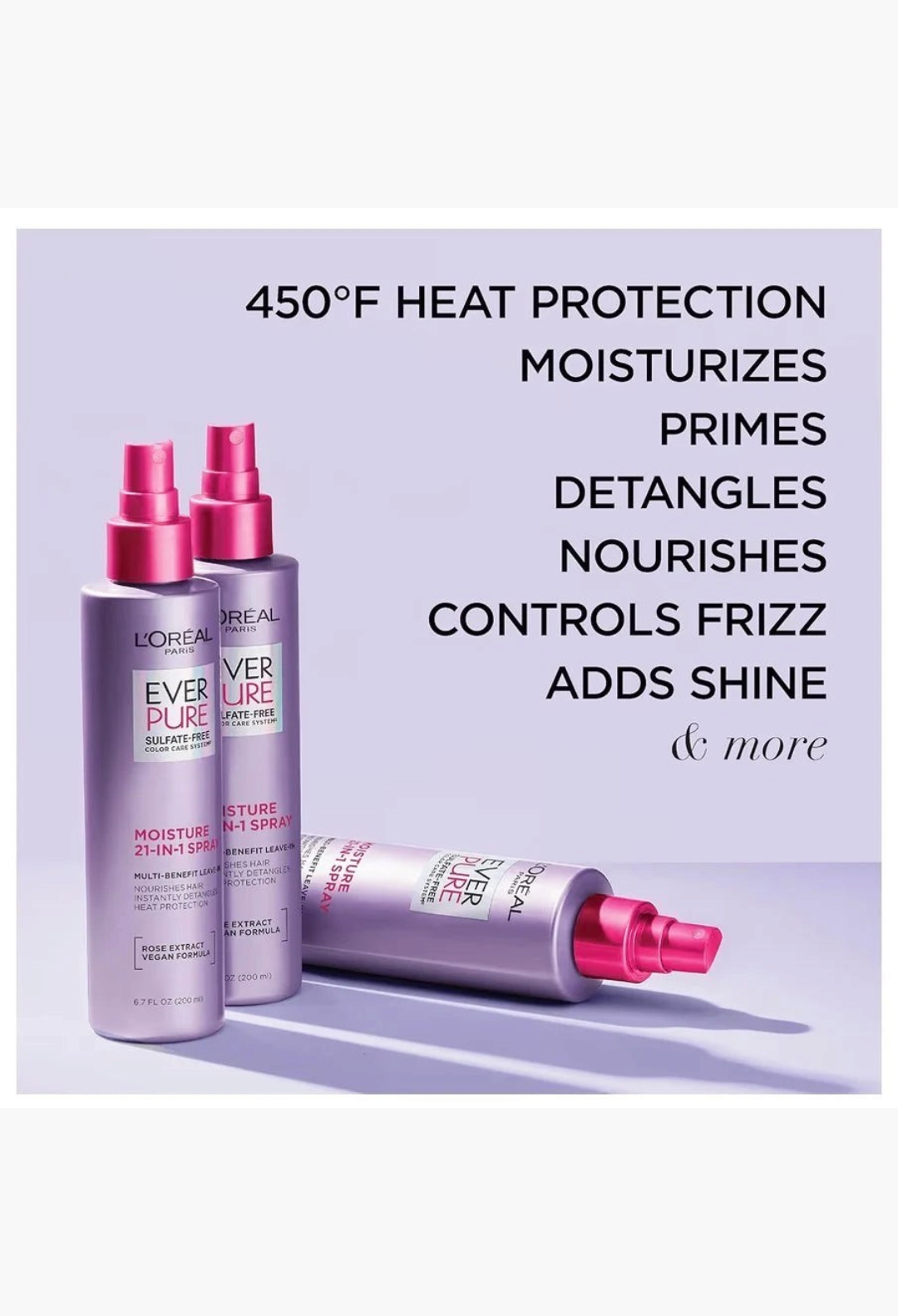 GLAM MODA L'Oreal Paris EverPure 21-in-1 leave-in conditioner spray bottles for moisturizing and heat protection