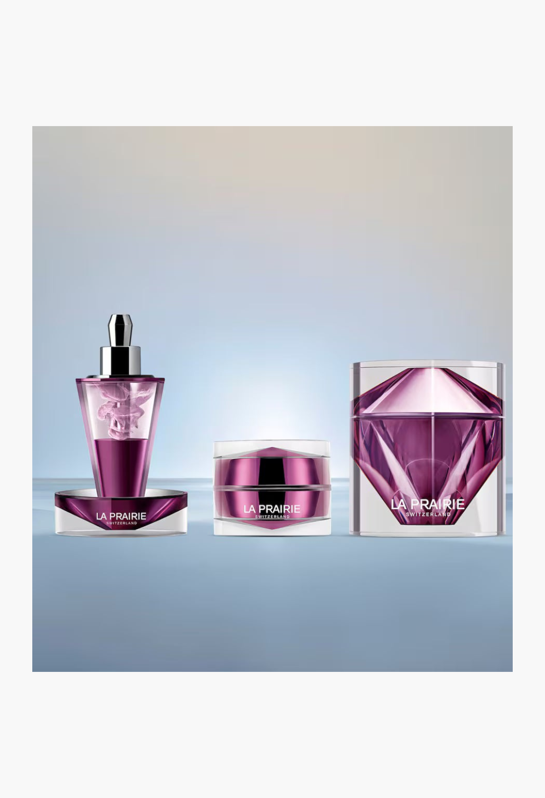 GLAM MODA La Prairie Platinum Rare Haute-Rejuvenation Protocol set featuring three luxury purple serum vials.