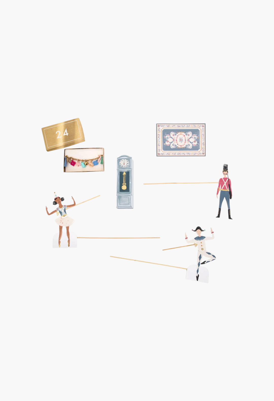 GLAM MODA Nutcracker advent calendar pieces including paper characters, a clock, a rug, and a gold-tone charm bracelet.