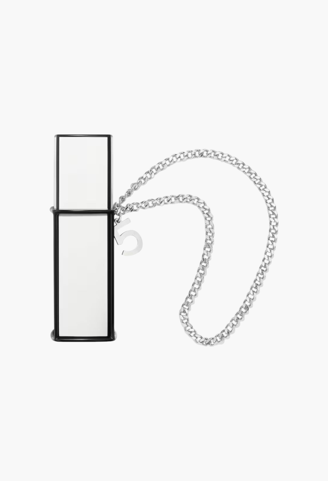 GLAM MODA Chanel N°5 L'eau purse spray in a white and black case with a silver chain and number 5 charm