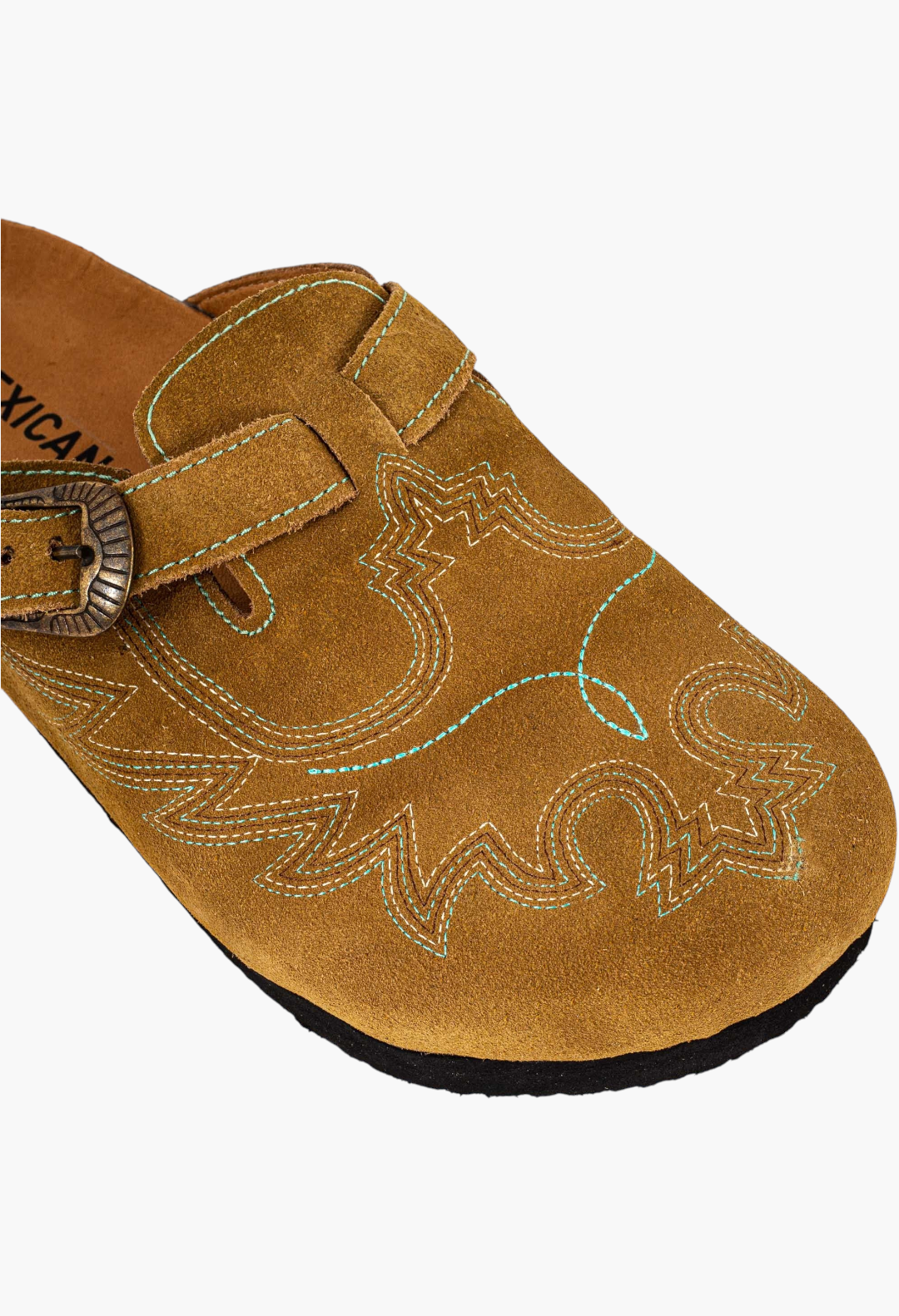 GLAM MODA camel suede cowboy clogs with eagle stitching, side buckle, and cork sole, handmade in Mexico.
