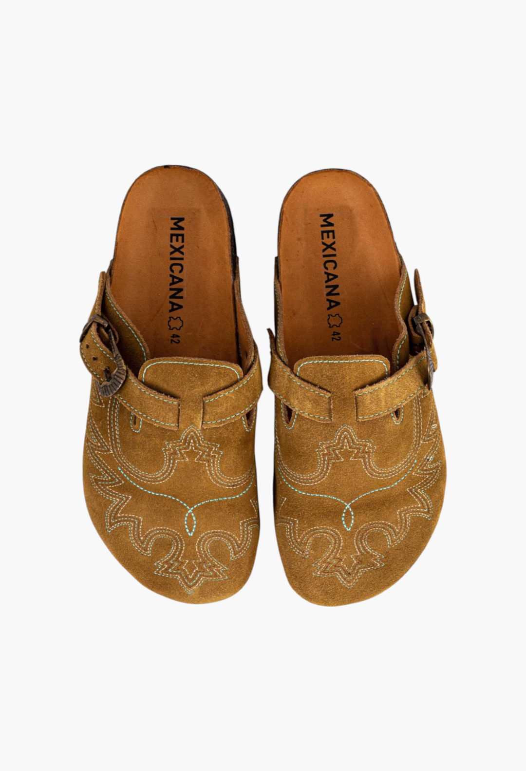 GLAM MODA camel suede cowboy clogs with eagle stitching, side buckle closure, and cork sole, handmade in Mexico.
