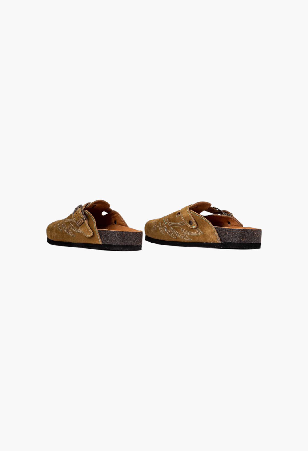 GLAM MODA camel suede cowboy clogs with eagle stitching, side buckle closure, and cork soles, side view.