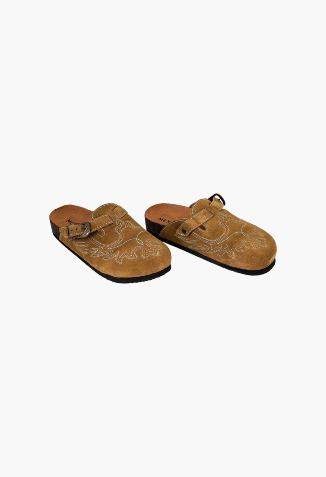 GLAM MODA camel suede cowboy clogs with eagle stitching, side buckle closure, and cork sole, handmade in Mexico.