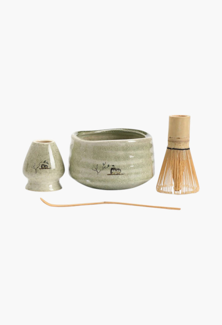 Cute Owl Ceramic Chawan With Bamboo Whisk And Chasen Holder Matcha Tea Ceremony Set - GLAM MODA