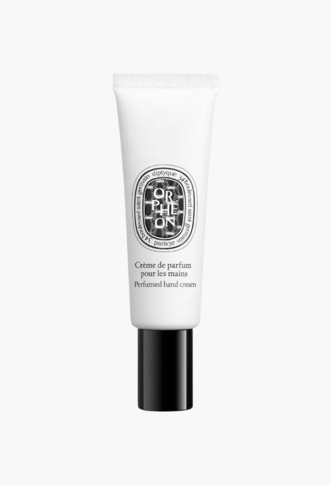 GLAM MODA Orphéon perfumed hand cream in a white tube with a black cap, featuring the iconic Diptyque label design.
