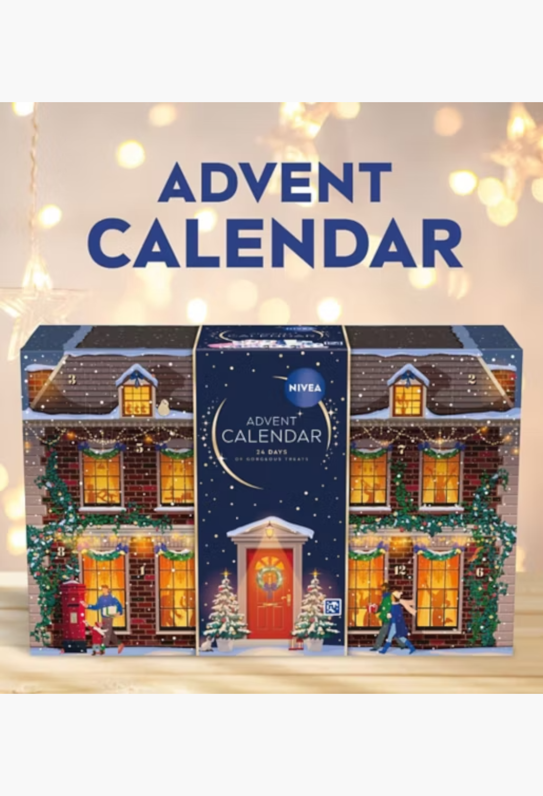 GLAM MODA NIVEA womens advent calendar featuring a festive house illustration with 24 numbered doors for holiday gifts