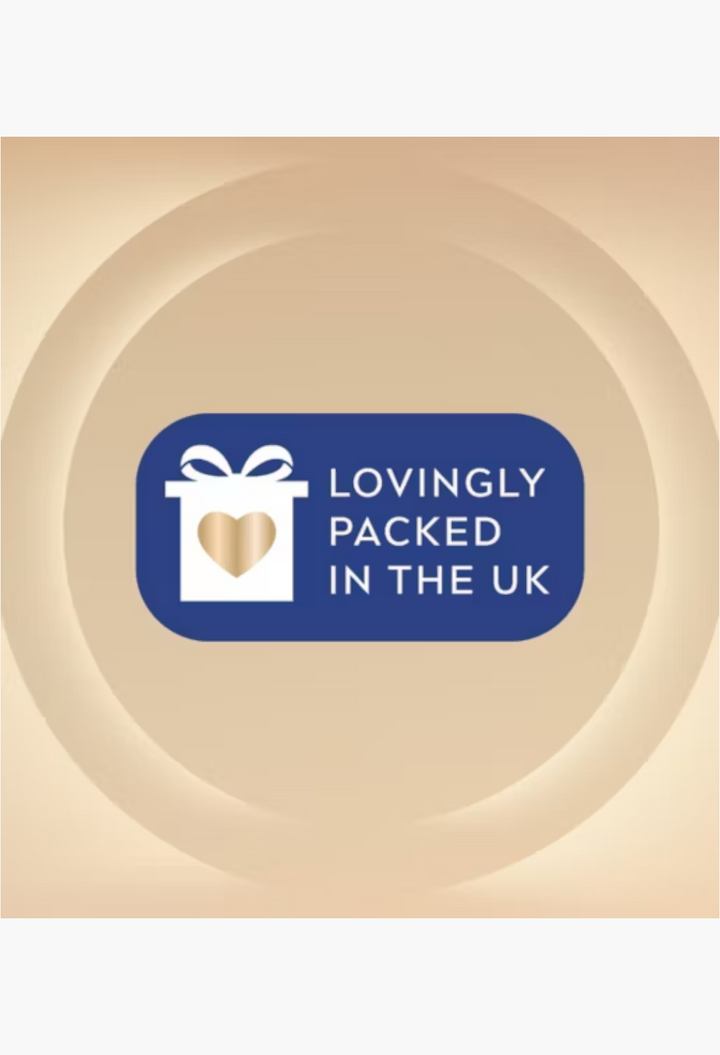 GLAM MODA badge featuring a white gift box icon with a gold heart, text reads Lovingly Packed in the UK on blue.
