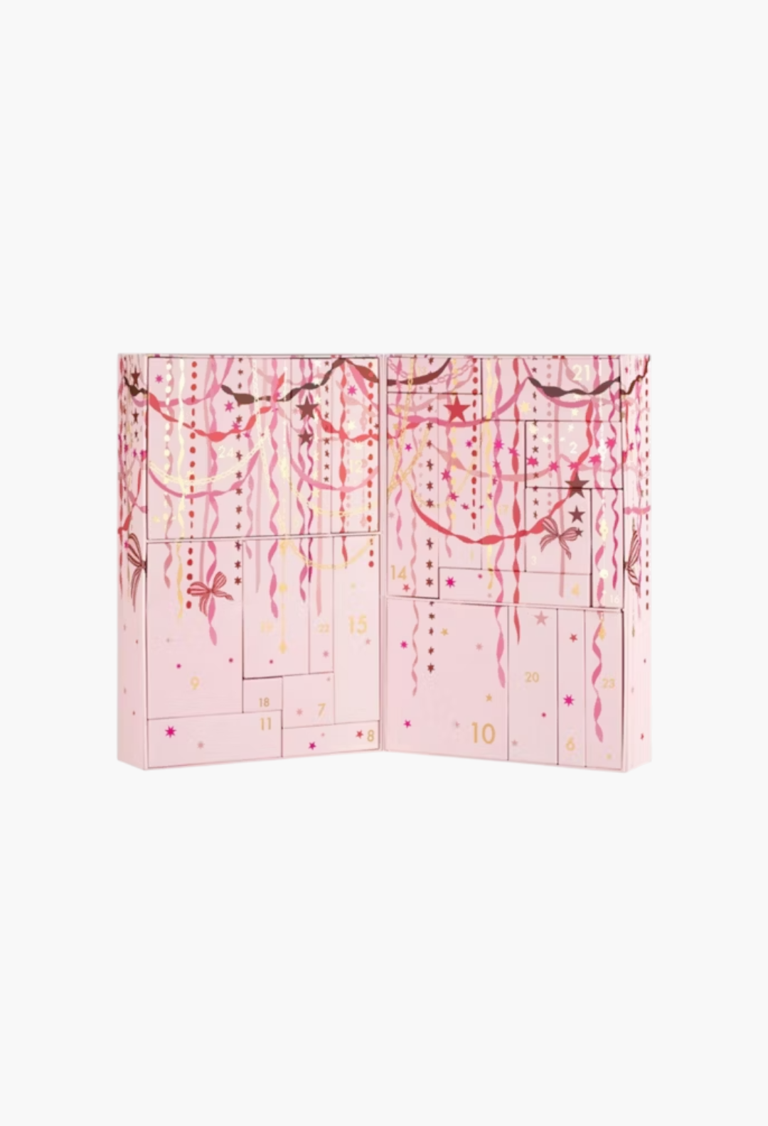 GLAM MODA 24 Days of Skin advent calendar in light pink with festive gold and red ribbon and star illustrations.