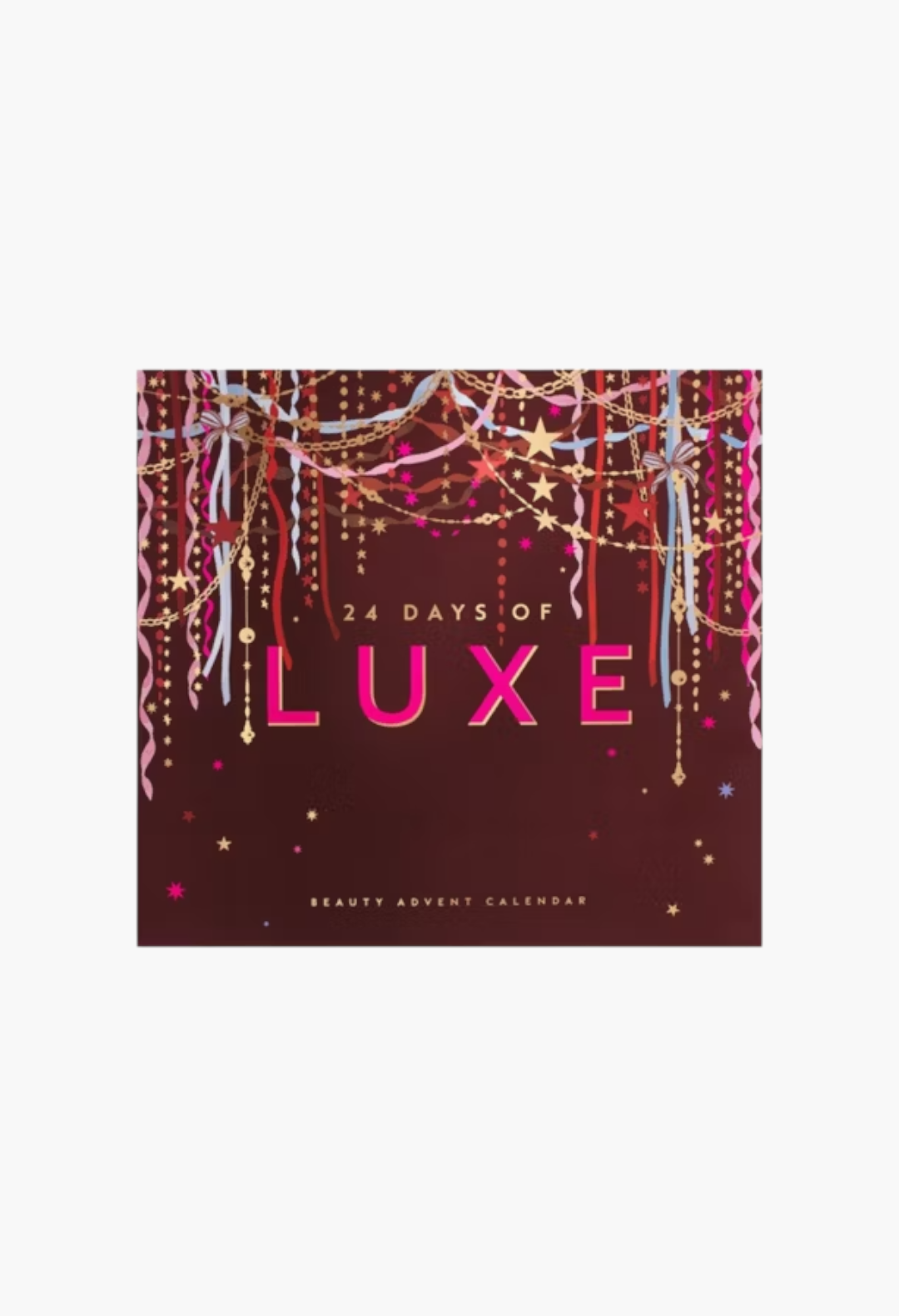 GLAM MODA 24 Days of Luxe beauty advent calendar with festive dark red box, gold stars, and hanging ribbon decorations.