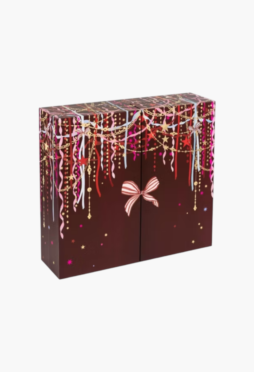 GLAM MODA 24 Days of Luxe Beauty Advent Calendar in deep brown with festive gold, pink, and white ribbon decorations.