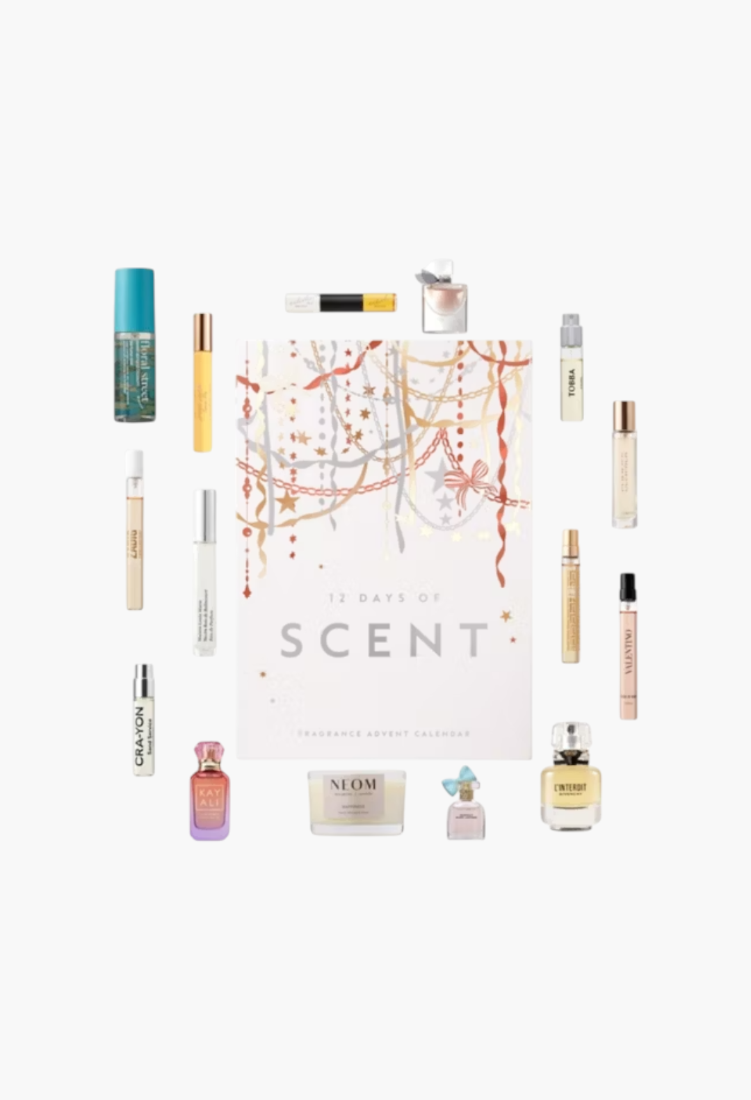 GLAM MODA 12 Days of Scent fragrance advent calendar featuring luxury perfume samples and a NEOM scented candle.