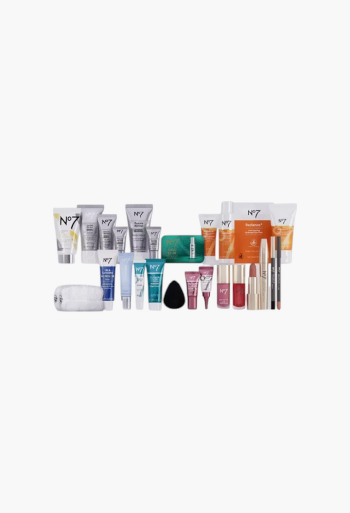 GLAM MODA No7 25 Days of Beauty Advent Calendar featuring a collection of skincare, makeup, and beauty accessories.