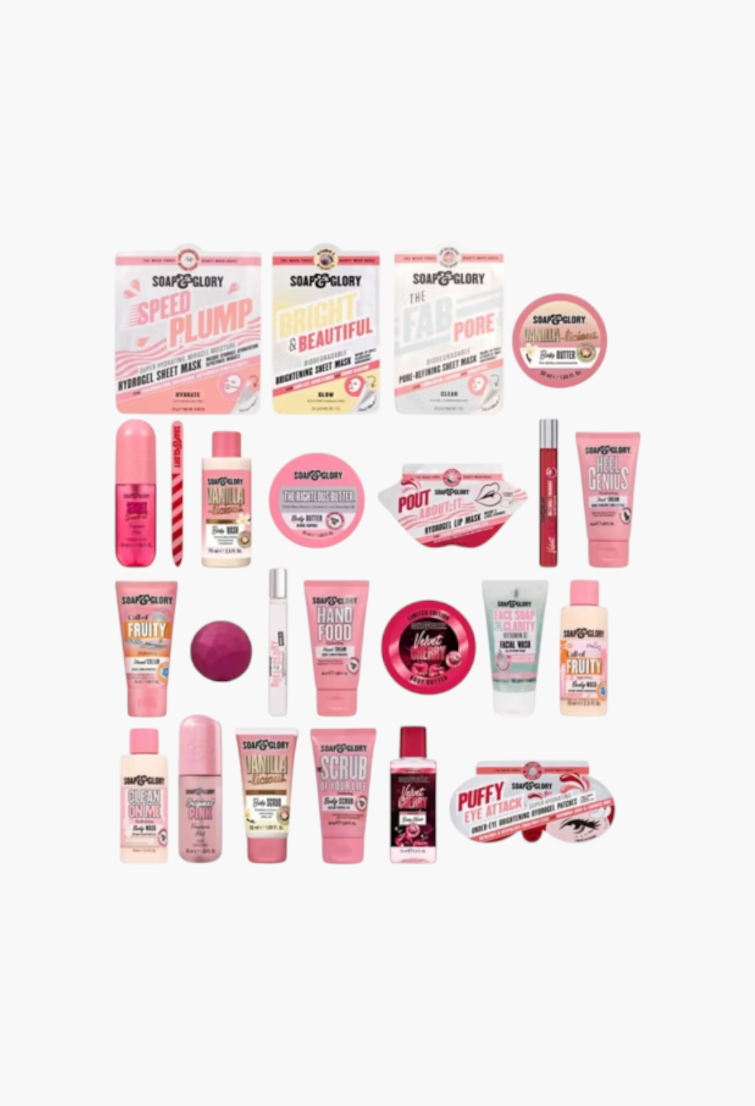 GLAM MODA Soap & Glory 24-piece advent calendar featuring assorted mini skincare, body wash, and fragrance products.