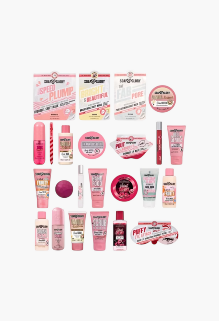 GLAM MODA Soap & Glory 24-piece advent calendar featuring assorted mini skincare, body wash, and fragrance products.