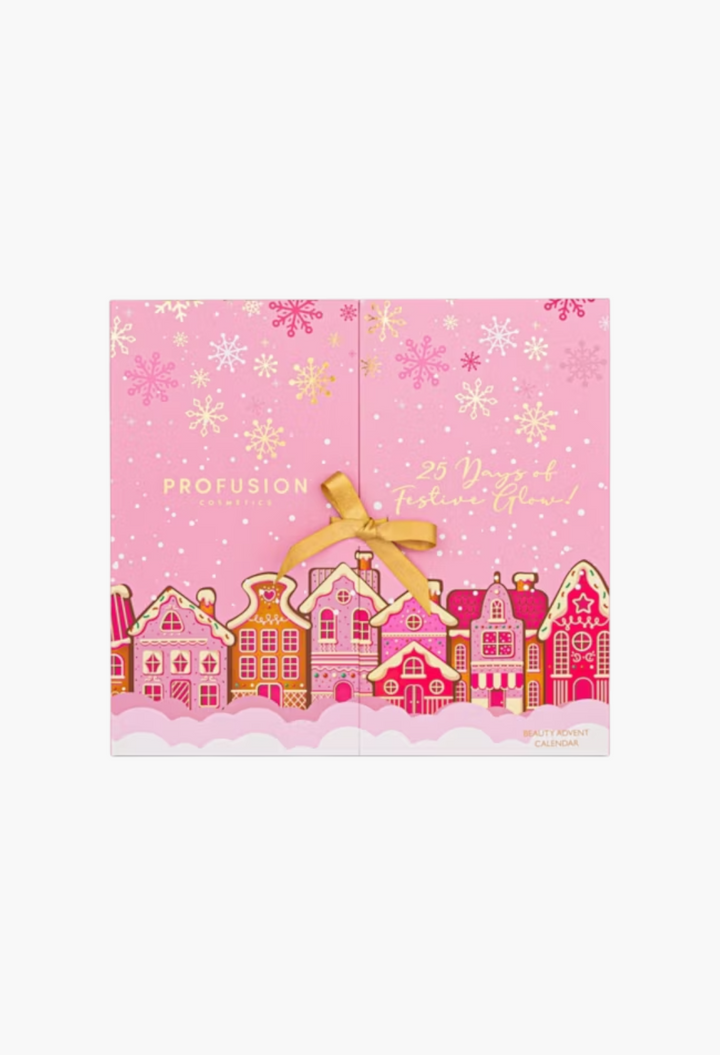 GLAM MODA Profusion 25 Days of Festive Glow beauty advent calendar in pink with a gingerbread village design.