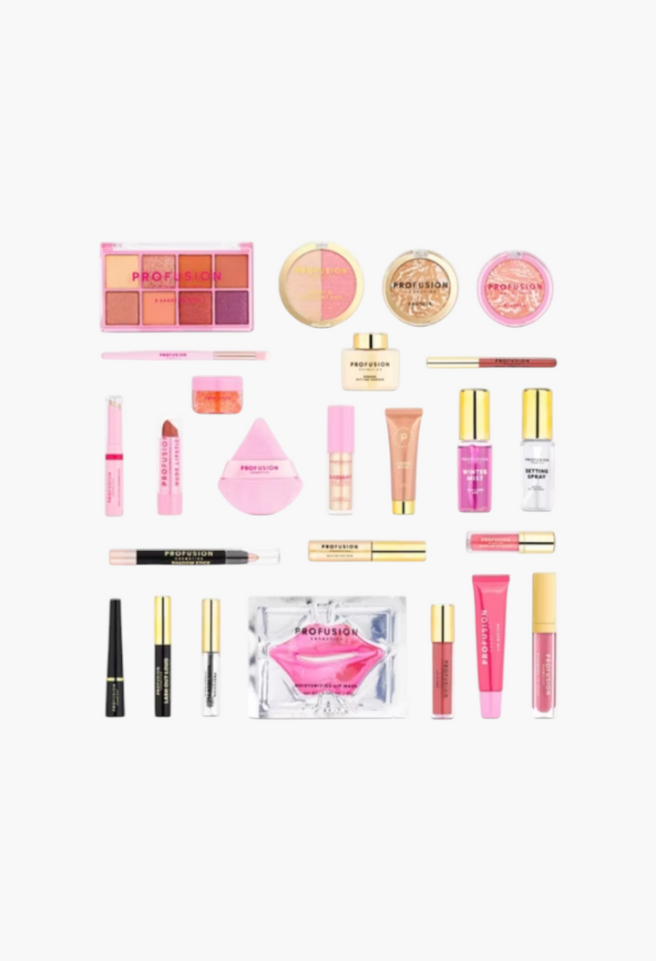 GLAM MODA Profusion 25 Days Of Festive Glow beauty advent calendar featuring assorted makeup and cosmetic tools.