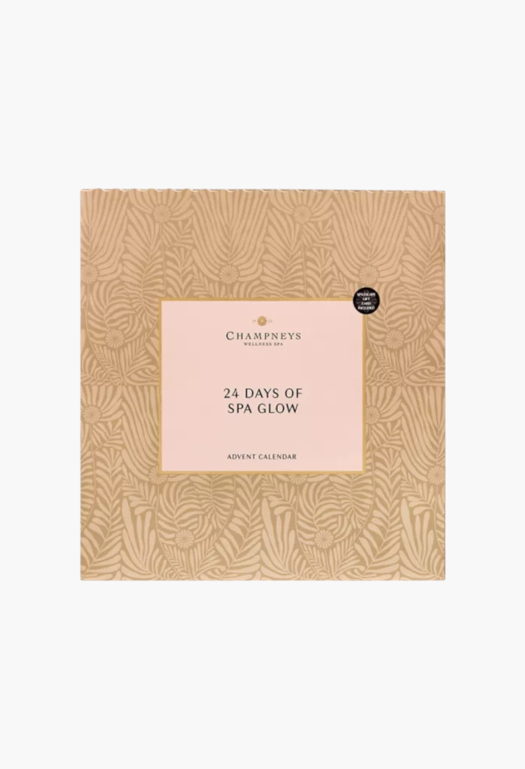 GLAM MODA Champneys 24 Days of Spa Glow Advent Calendar in a beige box with botanical leaf patterns and gold text.