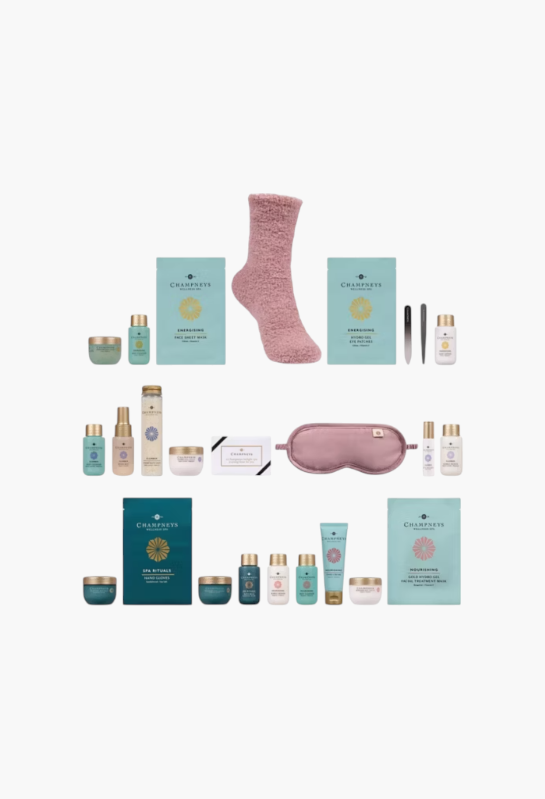 GLAM MODA Champneys 24 Days of Spa Glow Advent Calendar featuring skincare, bath products, eye mask, and fluffy socks.