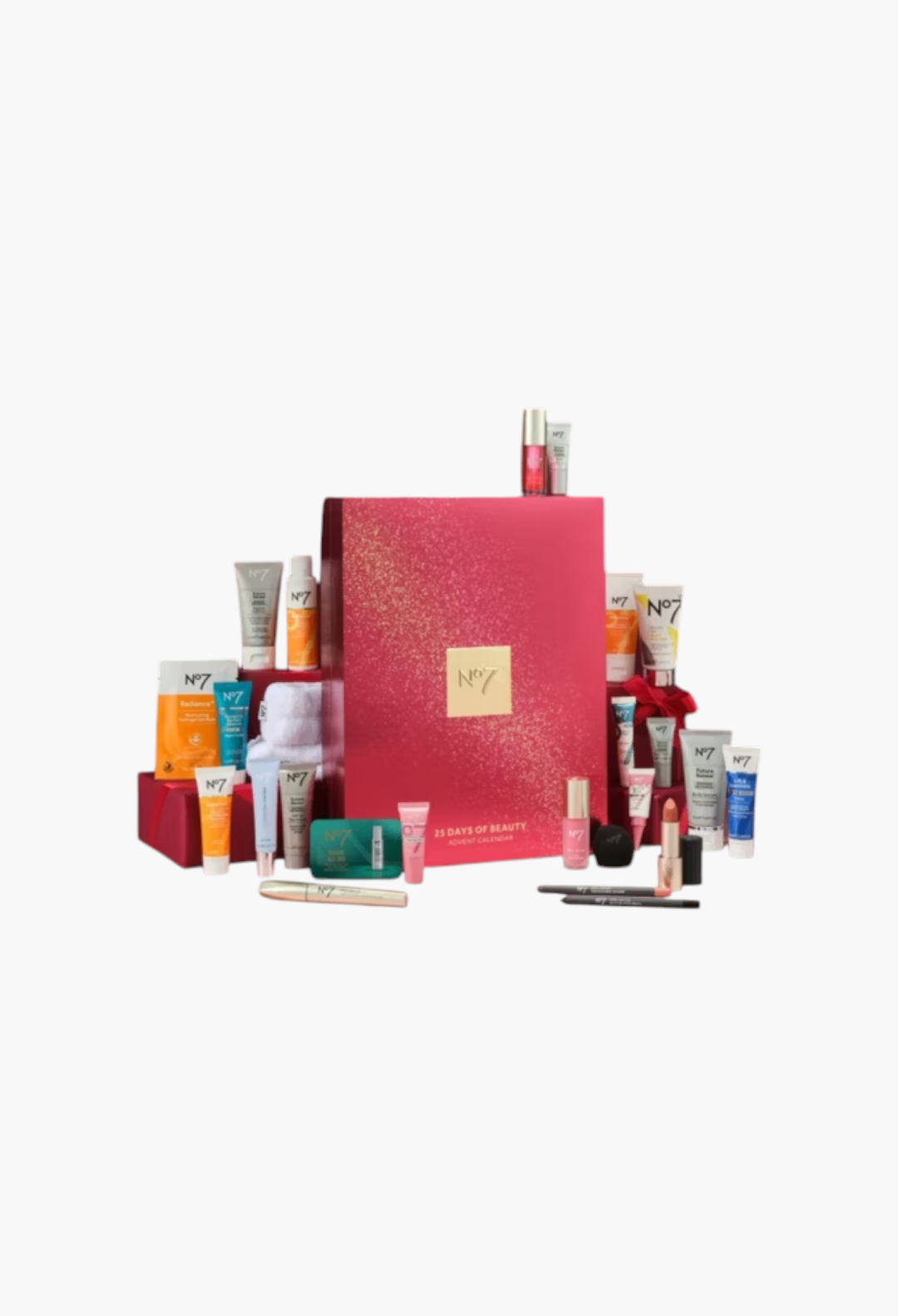 GLAM MODA No7 25 Days of Beauty Advent Calendar featuring 24 skincare and makeup products in a festive pink gift box.