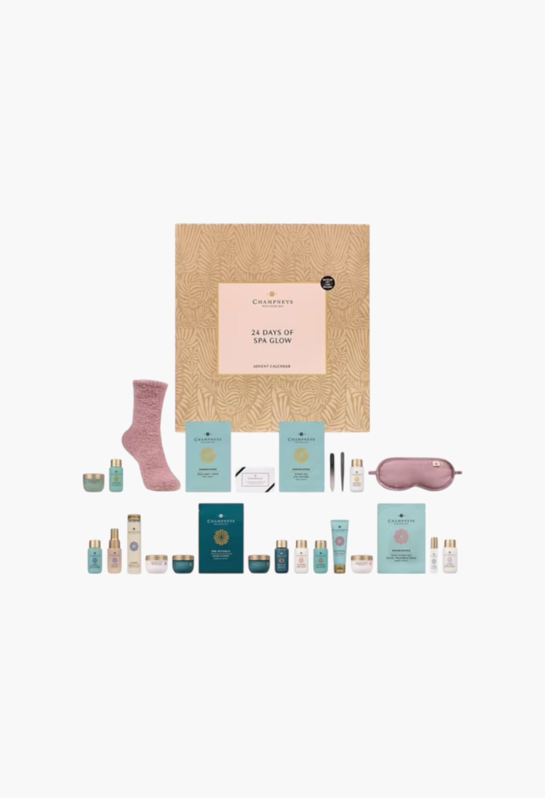 GLAM MODA Champneys 24 Days of Spa Glow Advent Calendar featuring skincare, bath products, and accessories.