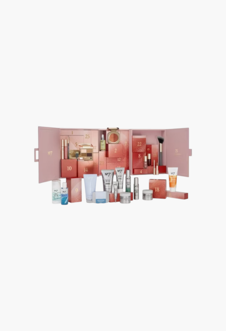 GLAM MODA No7 The Ultimate Beauty Advent Calendar featuring 24 full-size skincare and makeup products in a pink box.