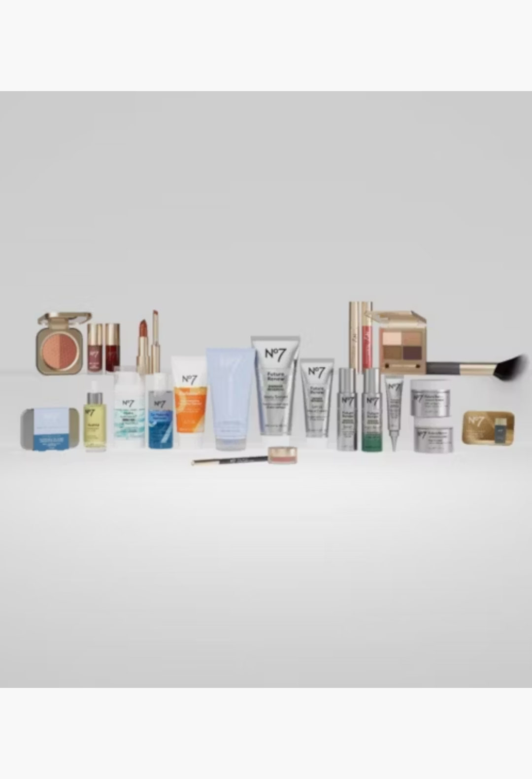 GLAM MODA No7 The Ultimate Beauty Advent Calendar featuring 24 full-size skincare and makeup products in gold packaging