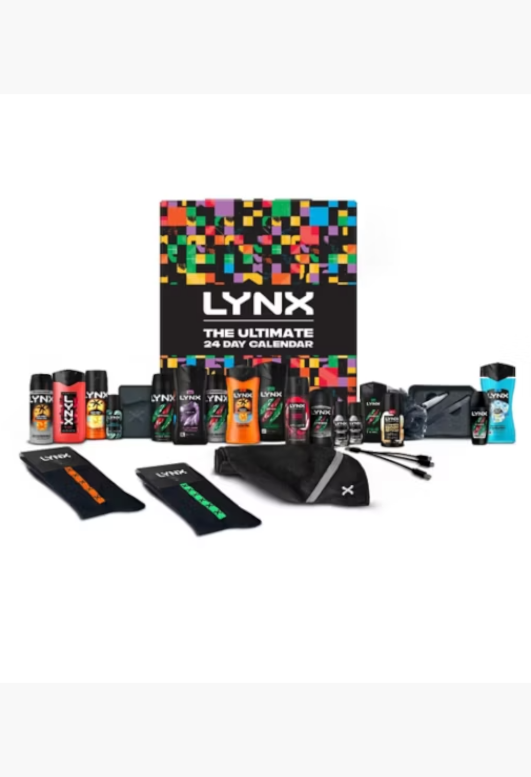 GLAM MODA Lynx 24-day advent calendar gift set featuring body sprays, washes, and grooming accessories for men.