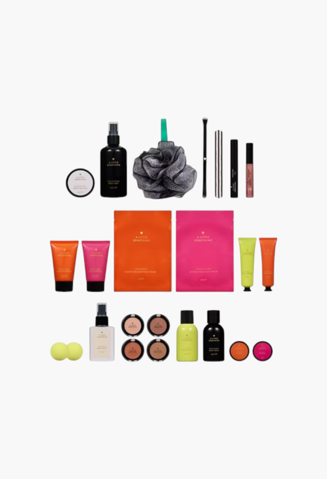 GLAM MODA A Little Something beauty advent calendar featuring 24 skincare, body care, and makeup products in colorful tubes.