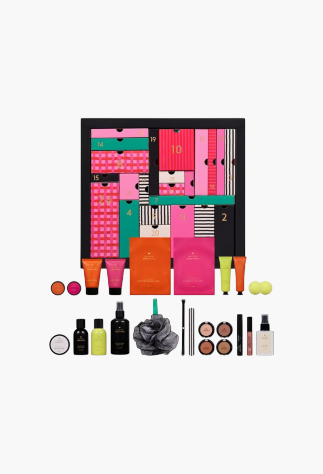 GLAM MODA A Little Something Advent Calendar featuring 24 beauty and body care treats in a colourful gift box.