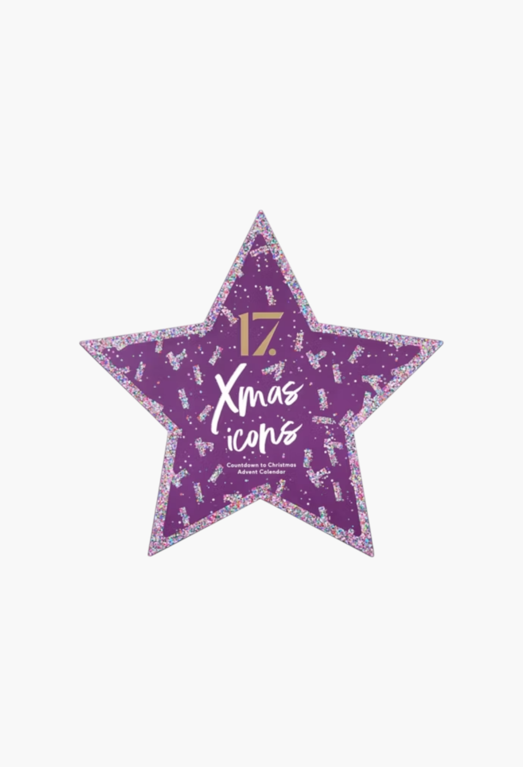 GLAM MODA 17 Xmas Icons star-shaped advent calendar in purple with festive glitter confetti border