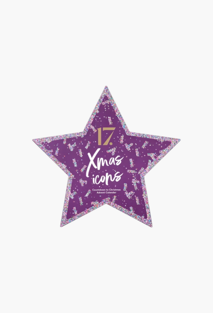 GLAM MODA 17 Xmas Icons star-shaped advent calendar in purple with festive glitter confetti border