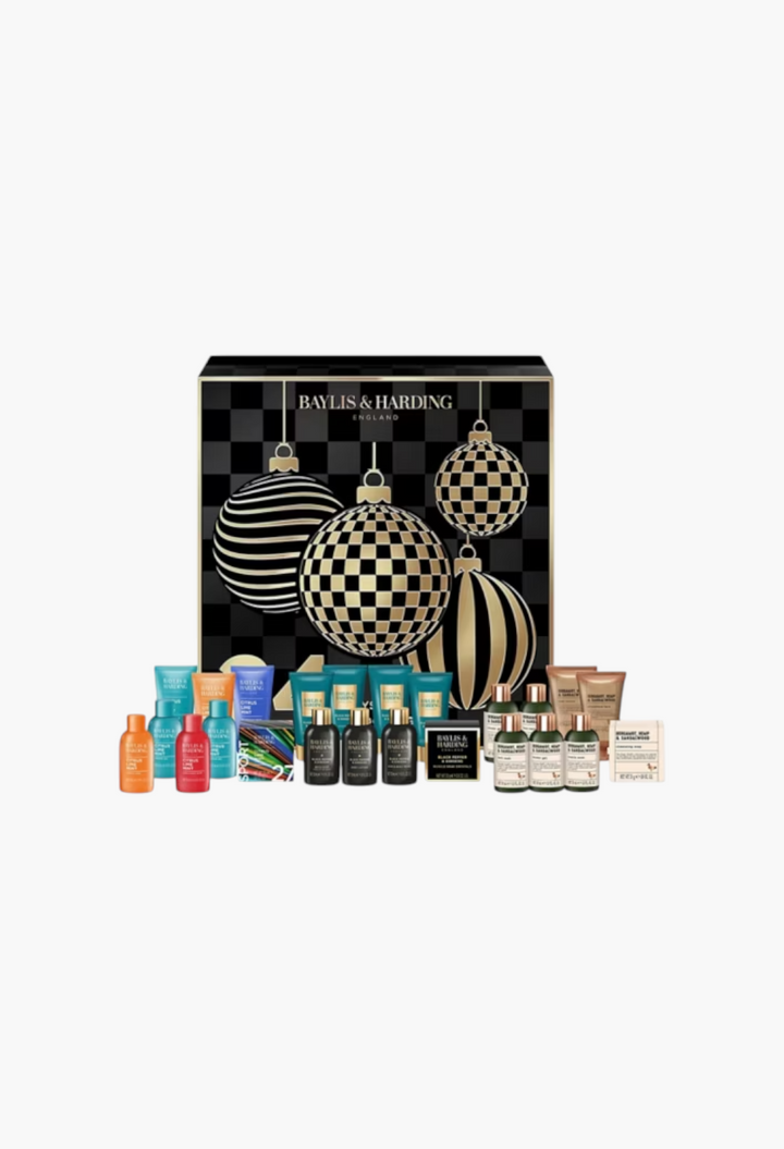 GLAM MODA Baylis & Harding 24 Days of Advent calendar featuring assorted men's grooming products in festive packaging.