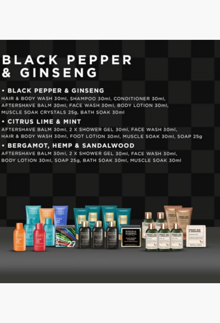 GLAM MODA Baylis & Harding men's advent calendar grooming set with shower gels, balms, and soaps in three fragrances.