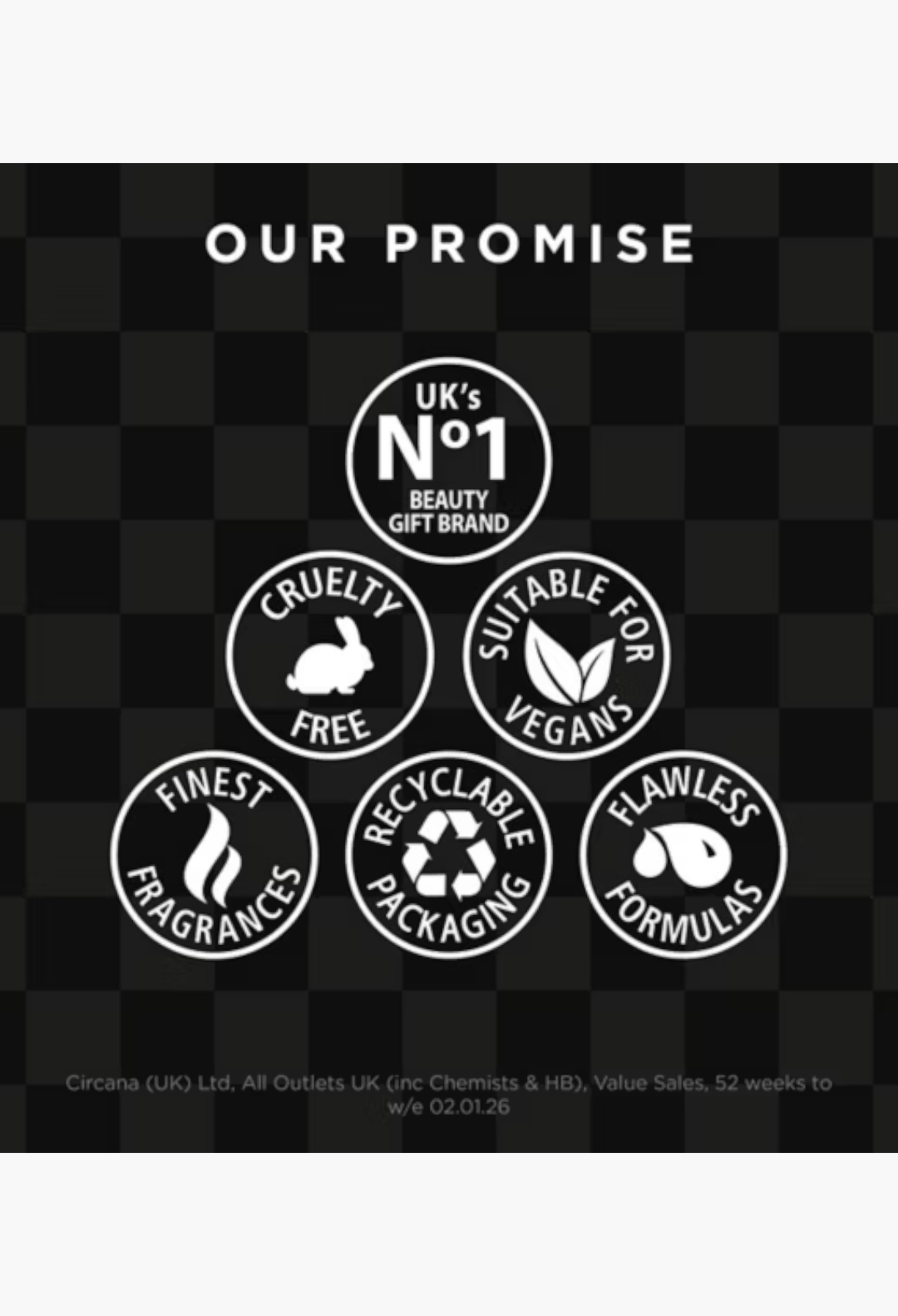 GLAM MODA Baylis & Harding advent calendar promise icons showing cruelty-free, vegan, and recyclable features.
