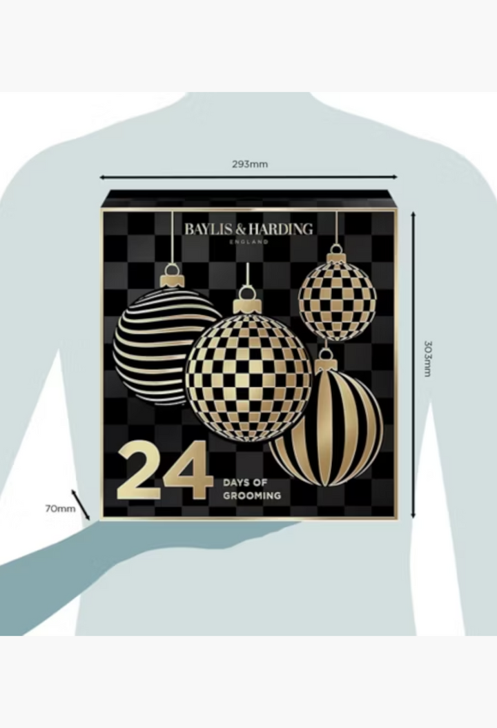 GLAM MODA Baylis & Harding Mens 24 Days of Grooming advent calendar in a black and gold festive bauble design.