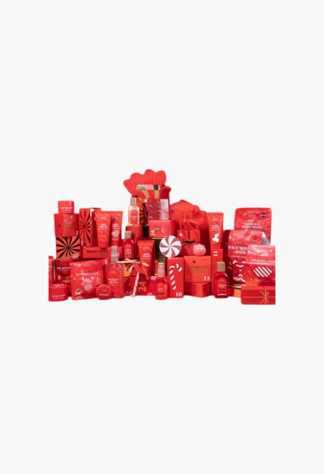 GLAM MODA Sence Collection 24-day beauty advent calendar with red candy-themed skincare and bath products