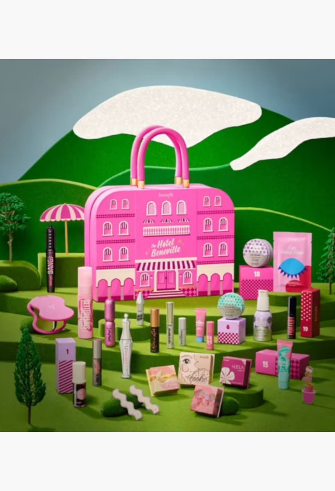 GLAM MODA Benefit The Hotel Beneville 24-piece beauty advent calendar set with makeup, skincare, and accessories.