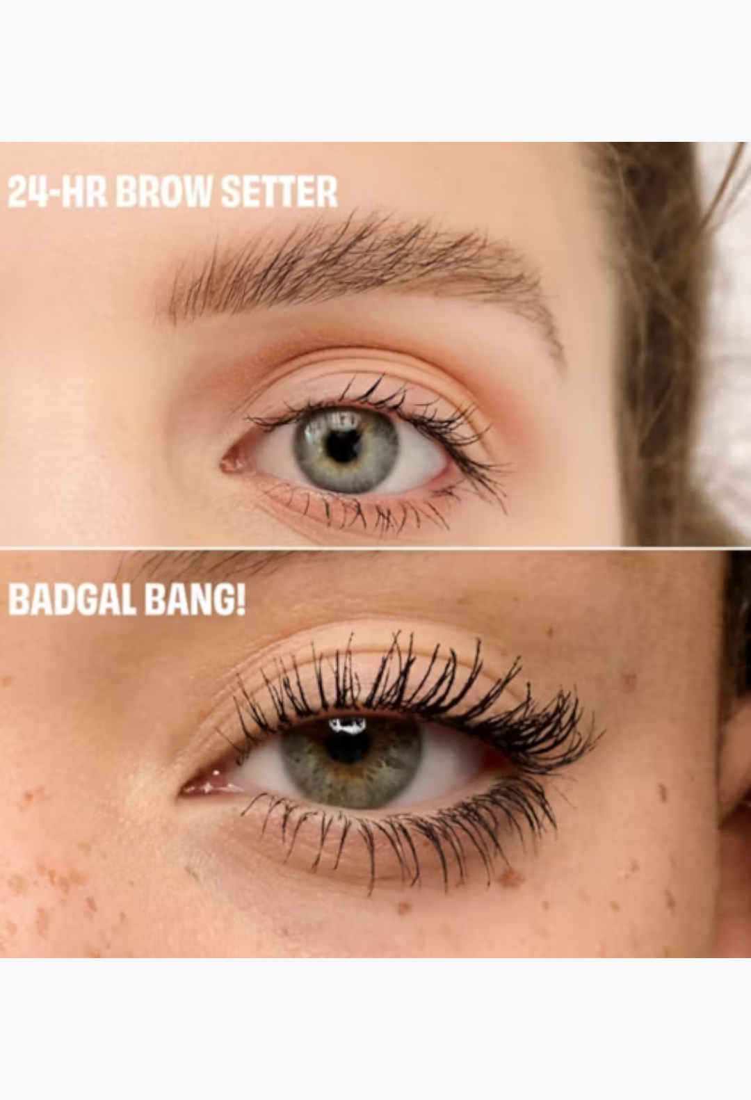 GLAM MODA Benefit makeup comparison showing groomed brows with 24-HR Brow Setter and volumised lashes with BADgal BANG!