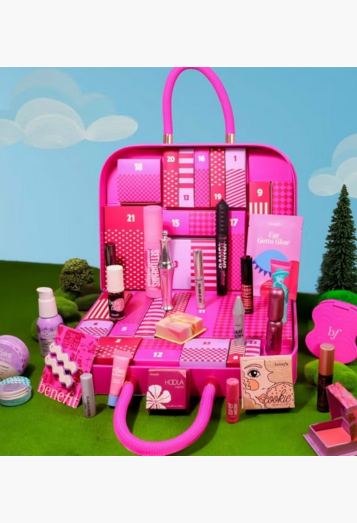 GLAM MODA Benefit The Hotel Beneville 24-piece beauty advent calendar with makeup, skincare, and accessories.
