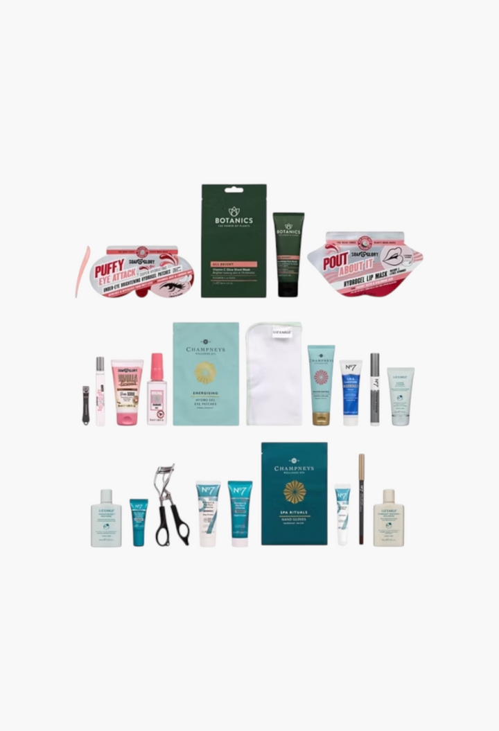 GLAM MODA Macmillan 24 Doors Of Joy beauty advent calendar featuring skincare, makeup, and spa products.
