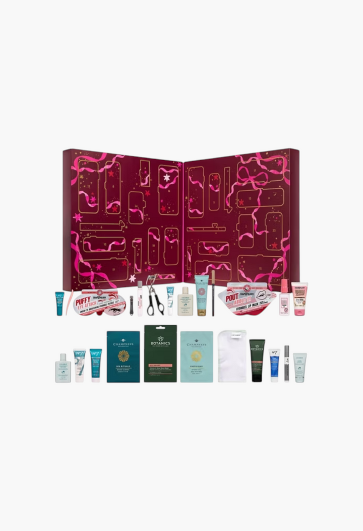 GLAM MODA Macmillan 24 Doors of Joy beauty advent calendar with skincare, makeup, and spa products displayed.