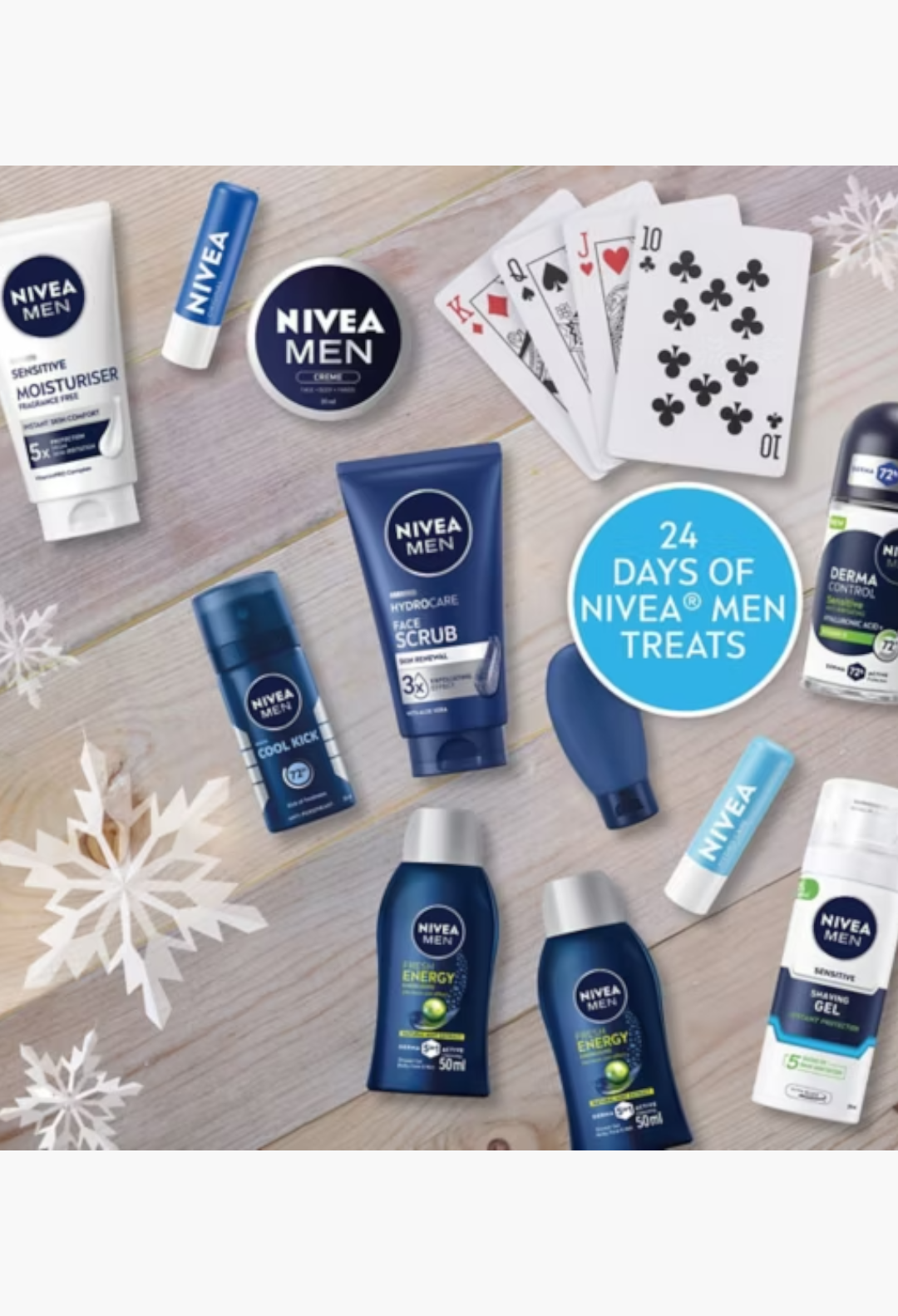 GLAM MODA NIVEA MEN advent calendar featuring 24 skincare, grooming, and lifestyle surprises on a festive wooden surface.