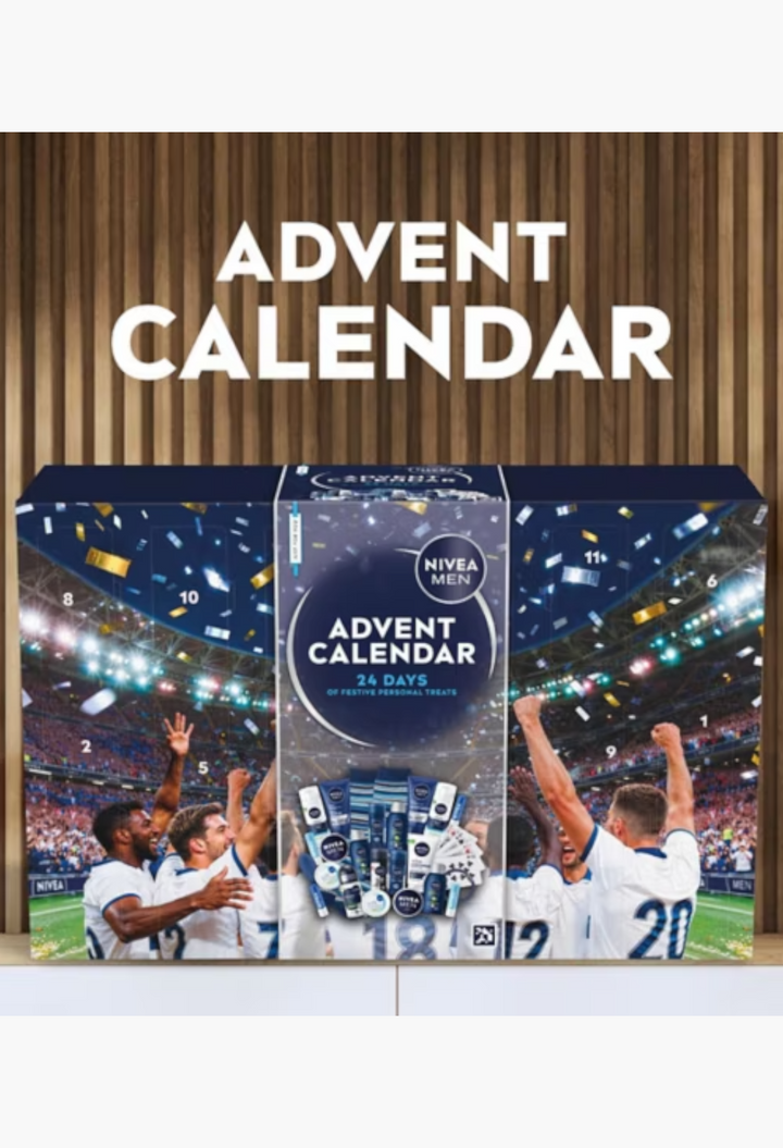 GLAM MODA NIVEA MEN advent calendar featuring 24 festive grooming surprises in a football-themed box.
