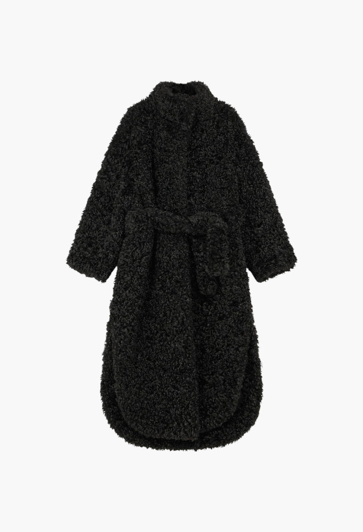 Ravello Faux Shearling Robe Coat - Black - GLAM MODA