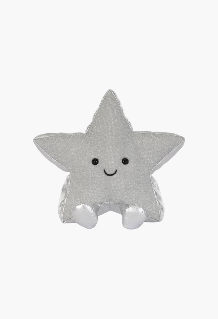 GLAM MODA Amuseables Silver Star plush toy made of glittery jersey fabric with metallic sides and a smiling face.